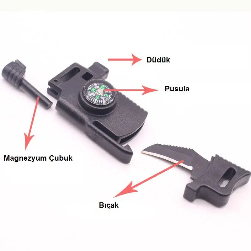 Paracord Klips Magnezyum Çubuklu Düdüklü Pusulalı Bıçaklı Siyah